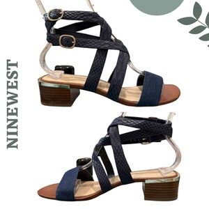 Nine West Navy Faux Snakeskin & Denim Block Heel Sandals | Size 7.5